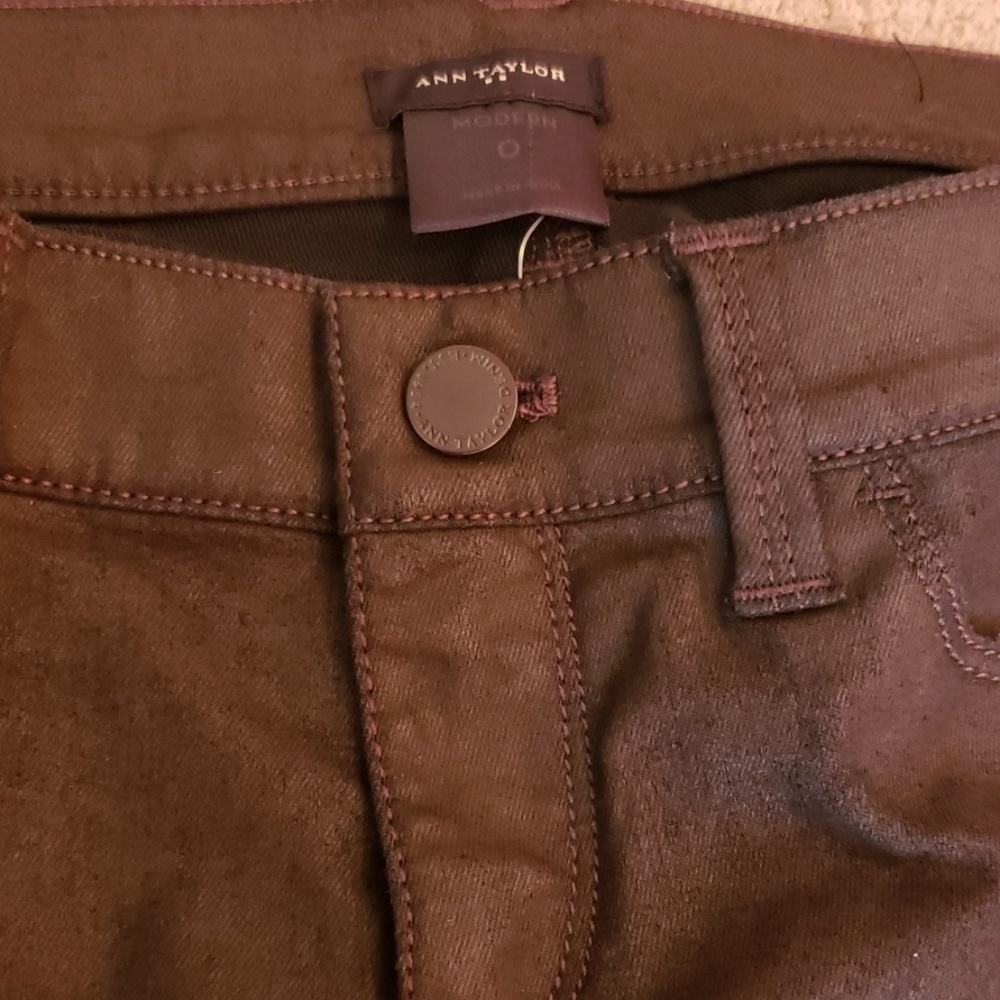 NWOT waxed distressed brown jeans